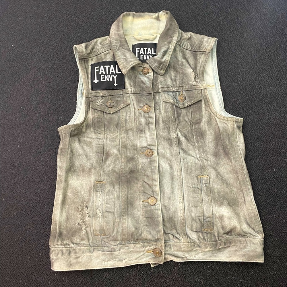 A & F upcycled denim vest by Fatal Envy w/ Beetlejuice reference women sz S